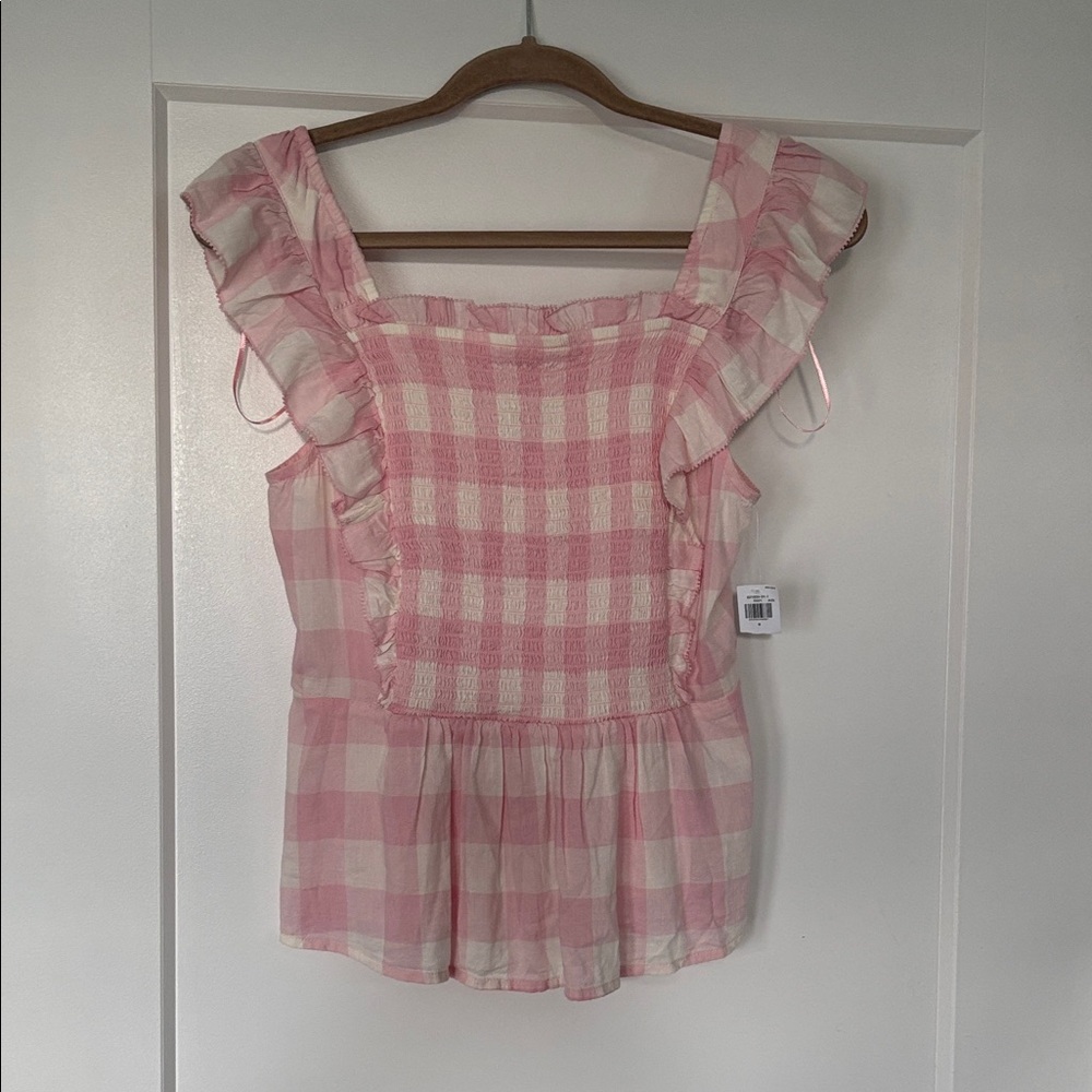 Old Navy Pink and White Gingham Smocked Peplum Top